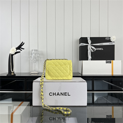 Cha.nel Super Mini Classic Flap Bag Grained Calfskin Silver Tone Metal Yellow 01115