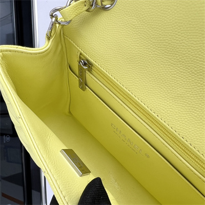 Cha.nel Super Mini Classic Flap Bag Grained Calfskin Silver Tone Metal Yellow 01115