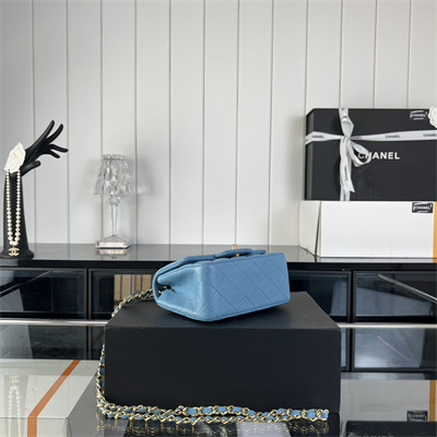 Cha.nel Super Mini Classic Flap Bag Grained Calfskin Gold Tone Metal Blue 01115