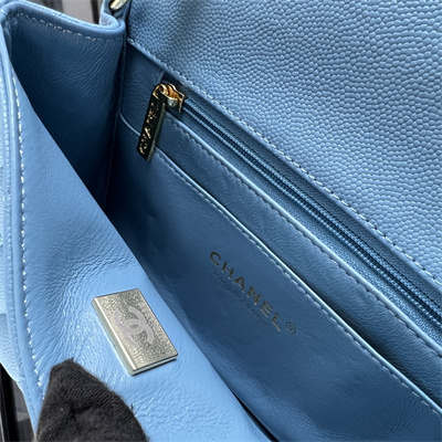 Cha.nel Super Mini Classic Flap Bag Grained Calfskin Gold Tone Metal Blue 01115