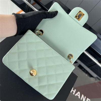 Cha.nel Super Mini Classic Flap Bag Grained Calfskin Gold Tone Metal Lt Green 01115
