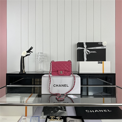 Cha.nel Super Mini Classic Flap Bag Grained Calfskin Silver Tone Metal Fuchsia 01115