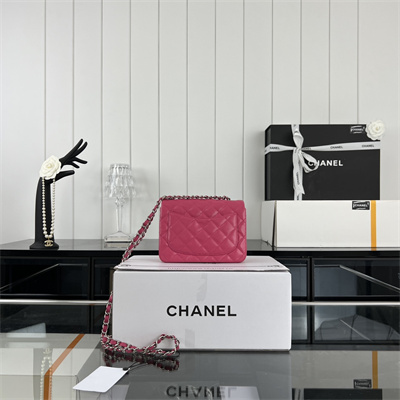 Cha.nel Super Mini Classic Flap Bag Grained Calfskin Silver Tone Metal Fuchsia 01115