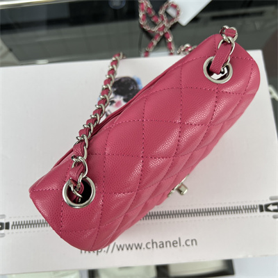 Cha.nel Super Mini Classic Flap Bag Grained Calfskin Silver Tone Metal Fuchsia 01115