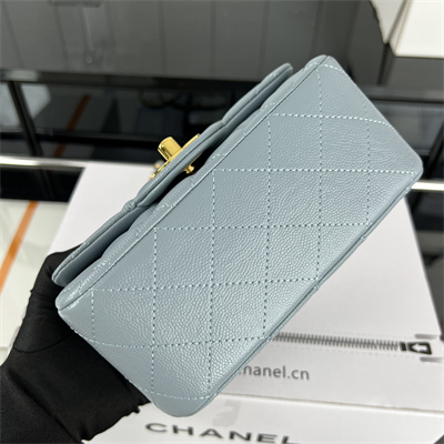Cha.nel Super Mini Classic Flap Bag Grained Calfskin Gold Tone Metal Lt Blue 01115