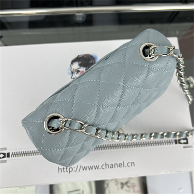 Cha.nel Super Mini Classic Flap Bag Grained Calfskin Silver Tone Metal Lt Blue 01115