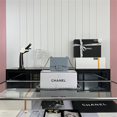 Cha.nel Super Mini Classic Flap Bag Grained Calfskin Silver Tone Metal Lt Blue 01115