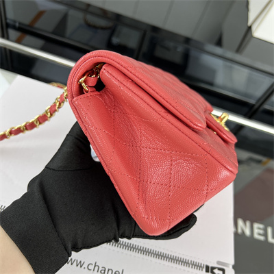 Cha.nel Super Mini Classic Flap Bag Grained Calfskin Gold Tone Metal Red 01115