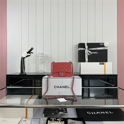 Cha.nel Super Mini Classic Flap Bag Grained Calfskin Silver Tone Metal Red 01115