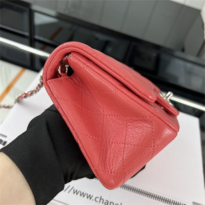 Cha.nel Super Mini Classic Flap Bag Grained Calfskin Silver Tone Metal Red 01115