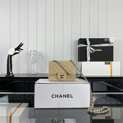 Cha.nel Super Mini Classic Flap Bag Grained Calfskin Silver Tone Metal Beige 01115