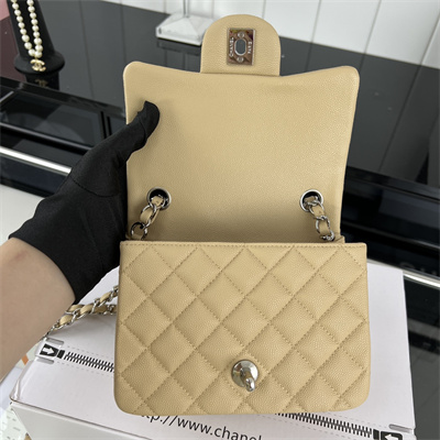 Cha.nel Super Mini Classic Flap Bag Grained Calfskin Silver Tone Metal Beige 01115