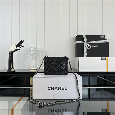 Cha.nel Super Mini Classic Flap Bag Lambskin Silver Tone Metal Black 01115