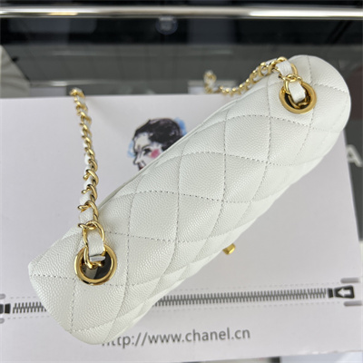 Cha.nel Mini Classic Flap Bag Grained Calfskin Gold Tone Metal White 01116