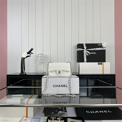 Cha.nel Mini Classic Flap Bag Grained Calfskin Silver Tone Metal White 01116