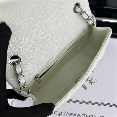 Cha.nel Mini Classic Flap Bag Grained Calfskin Silver Tone Metal White 01116