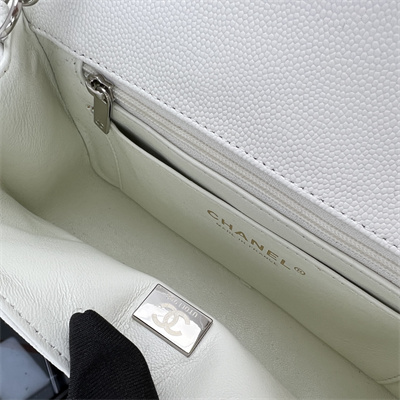Cha.nel Mini Classic Flap Bag Grained Calfskin Silver Tone Metal White 01116