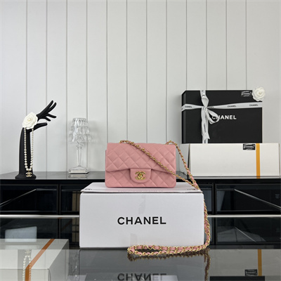 Cha.nel Mini Classic Flap Bag Grained Calfskin Gold Tone Metal Pink 01116