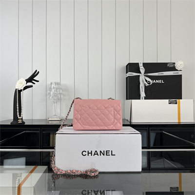 Cha.nel Mini Classic Flap Bag Grained Calfskin Silver Tone Metal Pink 01116