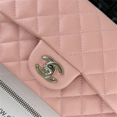 Cha.nel Mini Classic Flap Bag Grained Calfskin Silver Tone Metal Pink 01116