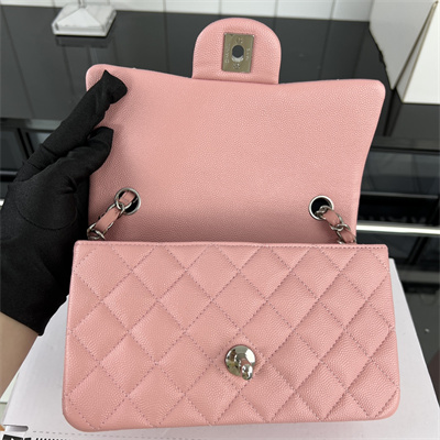 Cha.nel Mini Classic Flap Bag Grained Calfskin Silver Tone Metal Pink 01116