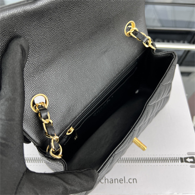Cha.nel Mini Classic Flap Bag Grained Calfskin Gold Tone Metal Black 01116