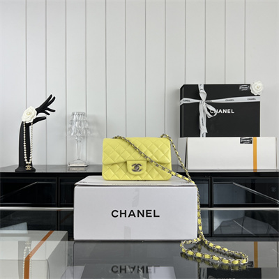 Cha.nel Mini Classic Flap Bag Grained Calfskin Silver Tone Metal Yellow 01116