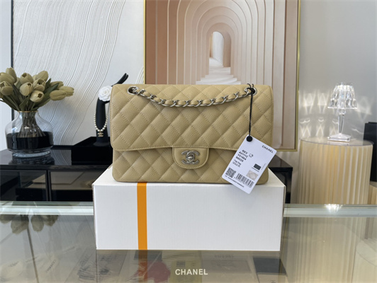 Cha.nel Medium Classic Flap Bag Grained Calfskin Silver Tone Metal Beige 01112 (Flap Edge Stitch)