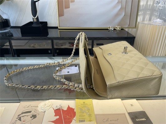 Cha.nel Medium Classic Flap Bag Grained Calfskin Silver Tone Metal Beige 01112 (Flap Edge Stitch)
