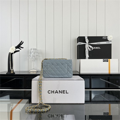 Cha.nel Mini Classic Flap Bag Grained Calfskin Gold Tone Metal Lt Blue 01116