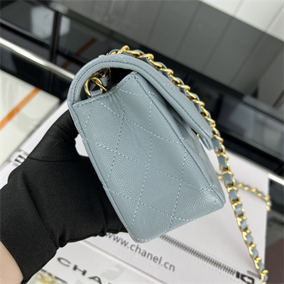 Cha.nel Mini Classic Flap Bag Grained Calfskin Gold Tone Metal Lt Blue 01116