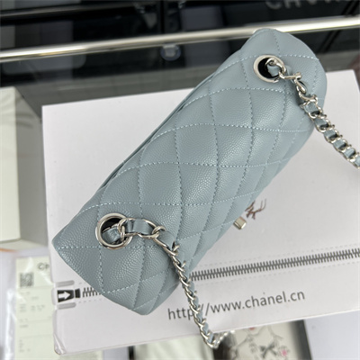 Cha.nel Mini Classic Flap Bag Grained Calfskin Silver Tone Metal Lt Blue 01116