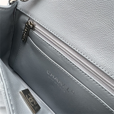 Cha.nel Mini Classic Flap Bag Grained Calfskin Silver Tone Metal Lt Blue 01116