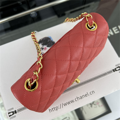 Cha.nel Mini Classic Flap Bag Grained Calfskin Gold Tone Metal Red 01116
