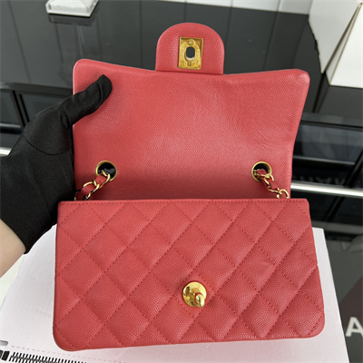 Cha.nel Mini Classic Flap Bag Grained Calfskin Gold Tone Metal Red 01116