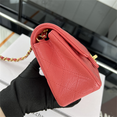Cha.nel Mini Classic Flap Bag Grained Calfskin Gold Tone Metal Red 01116