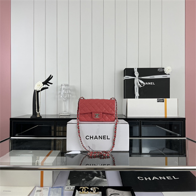 Cha.nel Mini Classic Flap Bag Grained Calfskin Silver Tone Metal Red 01116