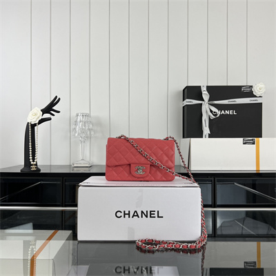 Cha.nel Mini Classic Flap Bag Grained Calfskin Silver Tone Metal Red 01116