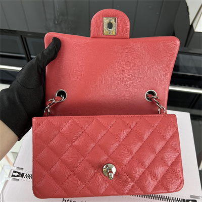 Cha.nel Mini Classic Flap Bag Grained Calfskin Silver Tone Metal Red 01116