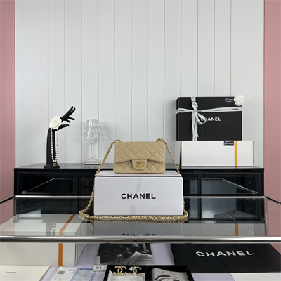 Cha.nel Mini Classic Flap Bag Grained Calfskin Gold Tone Metal Beige 01116