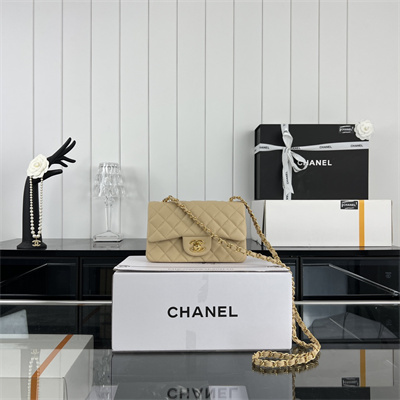 Cha.nel Mini Classic Flap Bag Grained Calfskin Gold Tone Metal Beige 01116