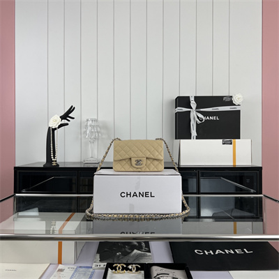 Cha.nel Mini Classic Flap Bag Grained Calfskin Silver Tone Metal Beige 01116