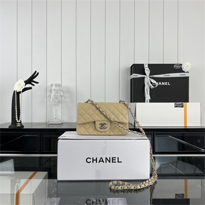 Cha.nel Mini Classic Flap Bag Grained Calfskin Silver Tone Metal Beige 01116