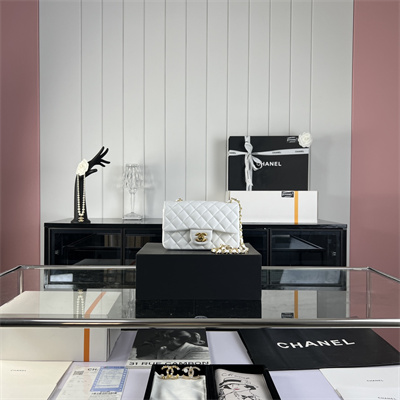 Cha.nel Mini Classic Flap Bag Lambskin Gold Tone Metal White 01116