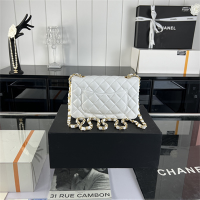Cha.nel Mini Classic Flap Bag Lambskin Gold Tone Metal White 01116
