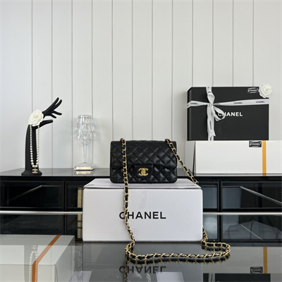 Cha.nel Mini Classic Flap Bag Lambskin Gold Tone Metal Black 01116