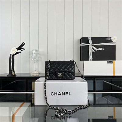 Cha.nel Mini Classic Flap Bag Lambskin Silver Tone Metal Black 01116