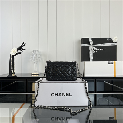 Cha.nel Mini Classic Flap Bag Lambskin Silver Tone Metal Black 01116