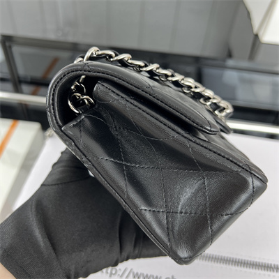 Cha.nel Mini Classic Flap Bag Lambskin Silver Tone Metal Black 01116