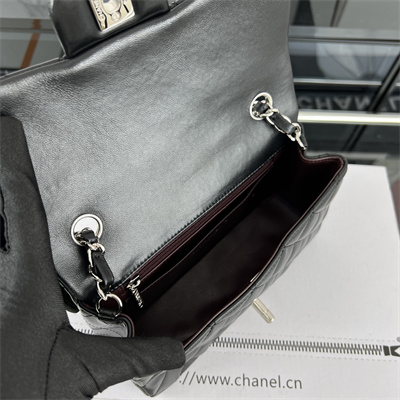 Cha.nel Mini Classic Flap Bag Lambskin Silver Tone Metal Black 01116